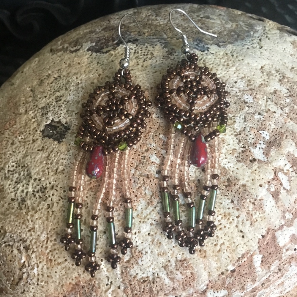 Hand Crafted Beaded Rosette Star Fringed Duster Pierced Earrings